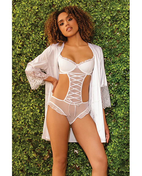Stretch Mesh Ruffled Crotchless Teddy White - Image 3