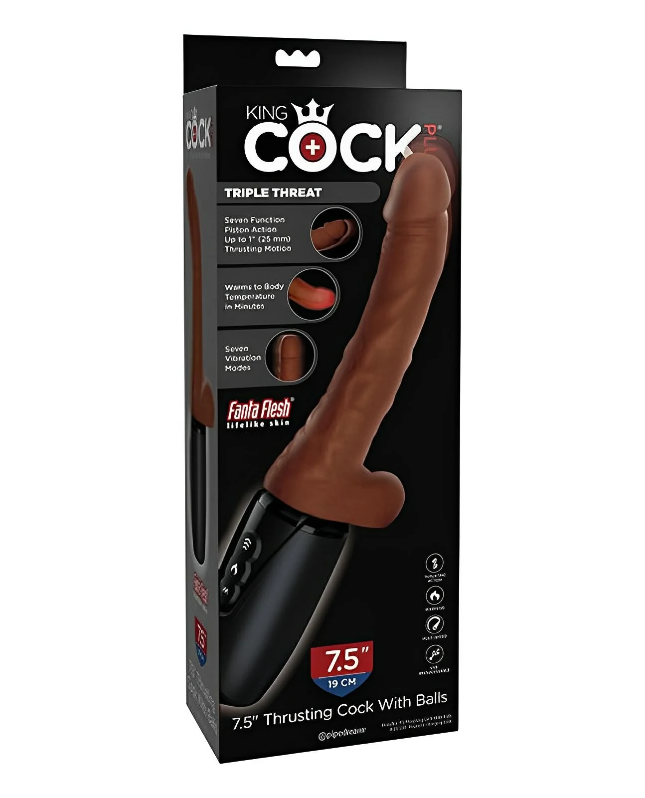 King Cock Plus Thrusting, Warming & Vibrating 7.5" Triple Threat Dong - Brown - Image 3